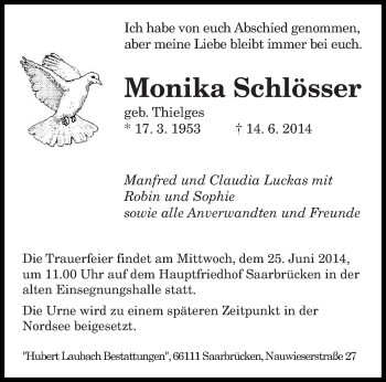Todesanzeige von Monika Schlösser von saarbruecker_zeitung