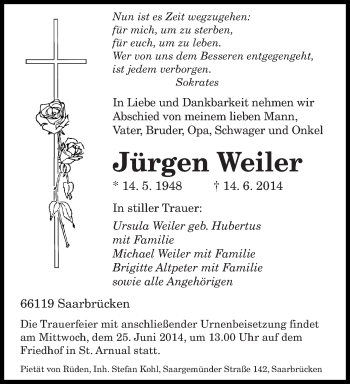 Todesanzeige von Jürgen Weiler von saarbruecker_zeitung