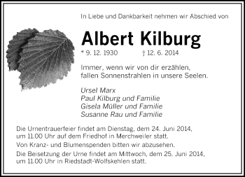 Todesanzeige von Albert Kilburg von saarbruecker_zeitung