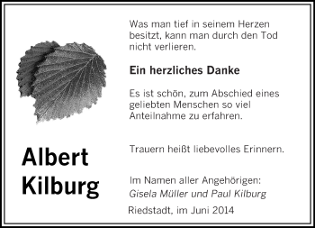 Todesanzeige von Albert Kilburg von saarbruecker_zeitung