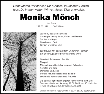 Todesanzeige von Monika Mönch von saarbruecker_zeitung