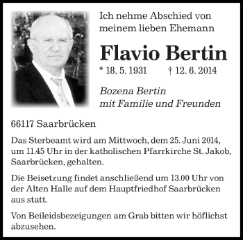 Todesanzeige von Flavio Bertin von saarbruecker_zeitung