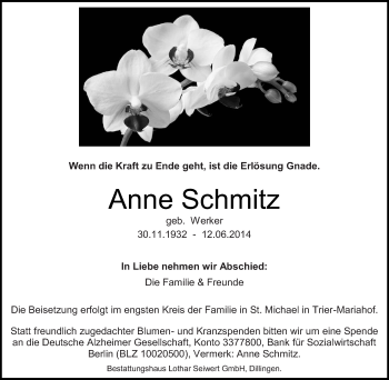 Todesanzeige von Anne Schmitz von saarbruecker_zeitung