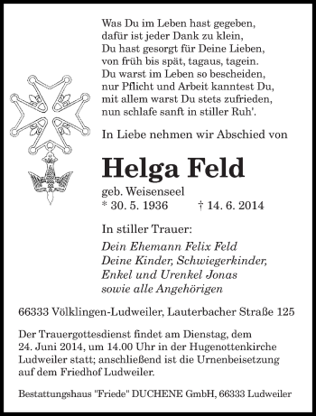 Todesanzeige von Helga Feld von saarbruecker_zeitung