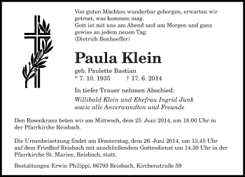 Todesanzeige von Paula Klein von saarbruecker_zeitung