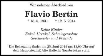 Todesanzeige von Flavio Bertin von saarbruecker_zeitung
