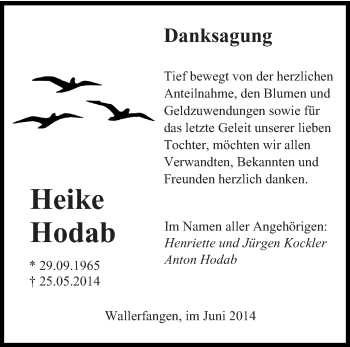 Todesanzeige von Heike Hodab von saarbruecker_zeitung