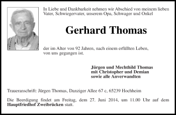 Todesanzeige von Gerhard Thomas von saarbruecker_zeitung