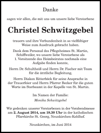 Todesanzeige von Christel Schwitzgebel von saarbruecker_zeitung