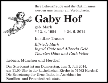 Todesanzeige von Gaby Hof von saarbruecker_zeitung