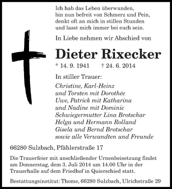 Todesanzeige von Dieter Rixecker von saarbruecker_zeitung