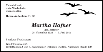 Todesanzeige von Martha Hafner von saarbruecker_zeitung