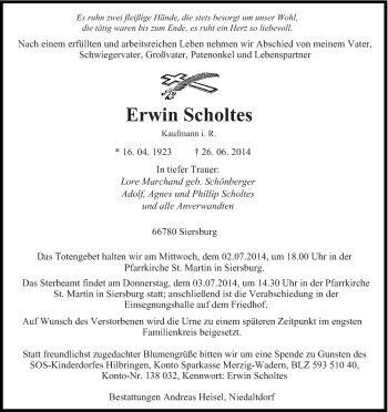 Todesanzeige von Erwin Scholtes von saarbruecker_zeitung