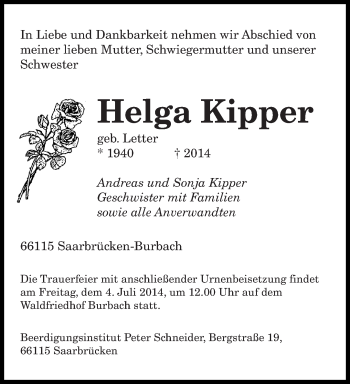 Todesanzeige von Helga Kipper von saarbruecker_zeitung