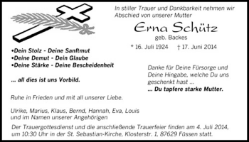 Todesanzeige von Erna Schütz von saarbruecker_zeitung