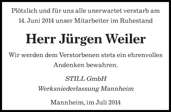 Todesanzeige von Jürgen Weiler von saarbruecker_zeitung