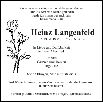 Todesanzeige von Heinz Langenfeld von saarbruecker_zeitung
