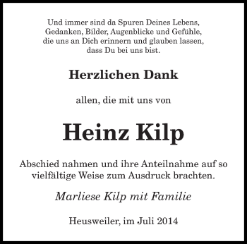 Todesanzeige von Heinz Kilp von saarbruecker_zeitung