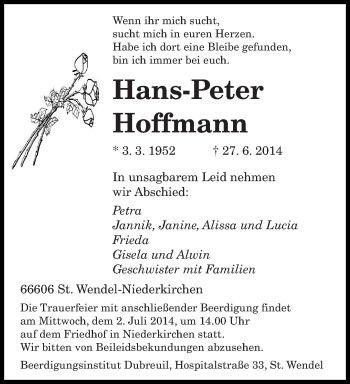 Todesanzeige von Hans-Peter Hoffmann von saarbruecker_zeitung