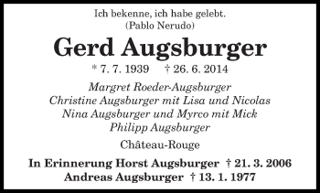 Todesanzeige von Gerd Augsburger von saarbruecker_zeitung
