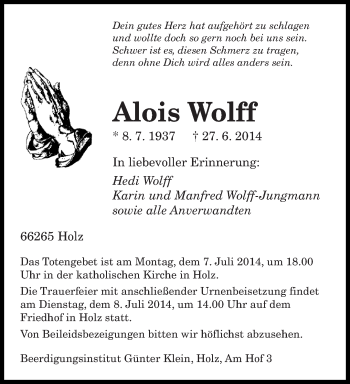 Todesanzeige von Alois Wolff von saarbruecker_zeitung
