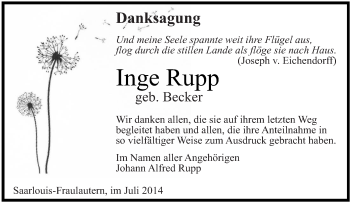 Todesanzeige von Inge Rupp von saarbruecker_zeitung