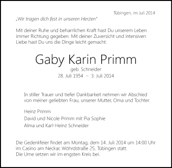 Todesanzeige von Gaby Karin Primm von saarbruecker_zeitung