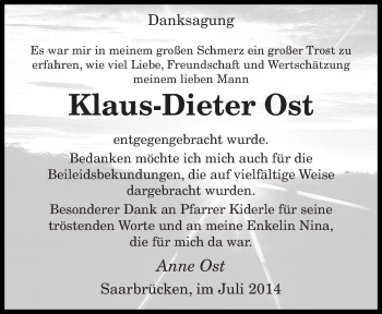 Todesanzeige von Klaus-Dieter Ost von saarbruecker_zeitung