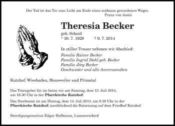 Todesanzeige von Theresia Becker von saarbruecker_zeitung