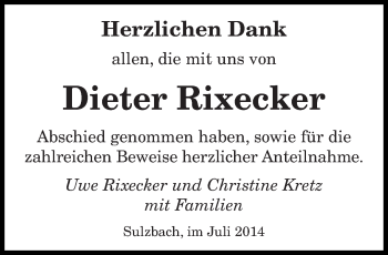 Todesanzeige von Dieter Rixecker von saarbruecker_zeitung