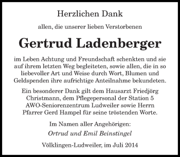 Todesanzeige von Gertrud Ladenberger von saarbruecker_zeitung