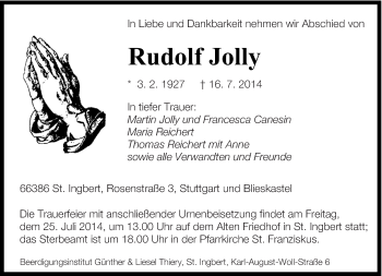 Todesanzeige von Rudolf Jolly von saarbruecker_zeitung