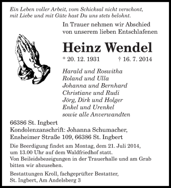 Todesanzeige von Heinz Wendel von saarbruecker_zeitung