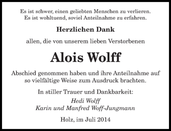 Todesanzeige von Alois Wolff von saarbruecker_zeitung