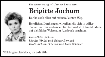 Todesanzeige von Brigitte Jochum von saarbruecker_zeitung