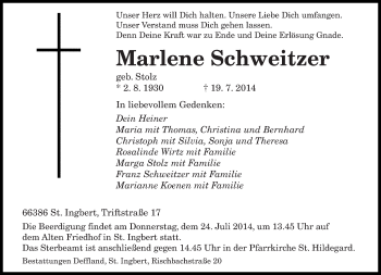 Todesanzeige von Marlene Schweitzer von saarbruecker_zeitung