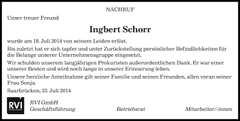 Todesanzeige von Ingbert Schorr von saarbruecker_zeitung