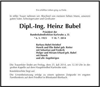 Todesanzeige von Heinz Bubel von saarbruecker_zeitung