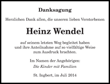 Todesanzeige von Heinz Wendel von saarbruecker_zeitung