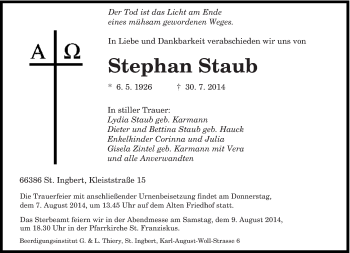 Todesanzeige von Stephan Staub von saarbruecker_zeitung