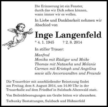 Todesanzeige von Inge Langenfeld von saarbruecker_zeitung