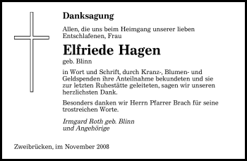 Todesanzeige von Elfriede Hagen von SAARBRÜCKER ZEITUNG