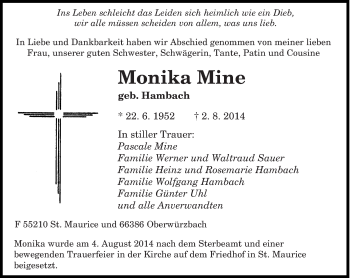 Todesanzeige von Monika Mine von saarbruecker_zeitung