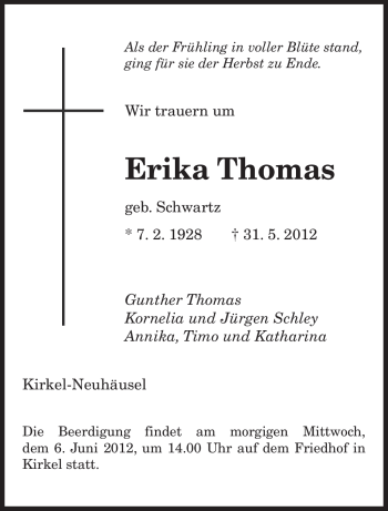 Todesanzeige von Erika Thomas von SAARBRÜCKER ZEITUNG