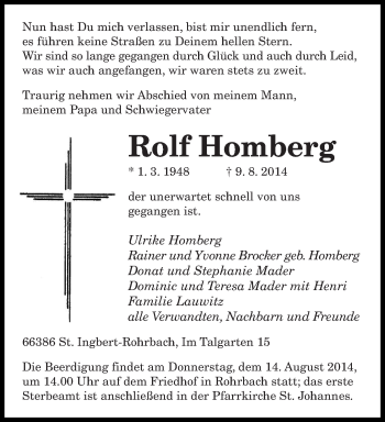 Todesanzeige von Rolf Homberg von saarbruecker_zeitung
