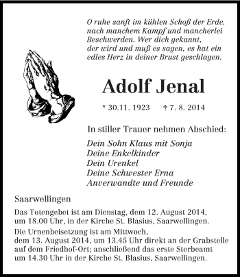 Todesanzeige von Adolf Jenal von saarbruecker_zeitung