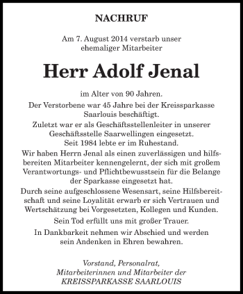Todesanzeige von Adolf Jenal von saarbruecker_zeitung
