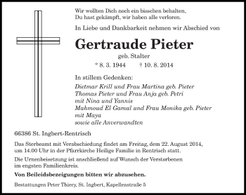 Todesanzeige von Gertraude Pieter von saarbruecker_zeitung
