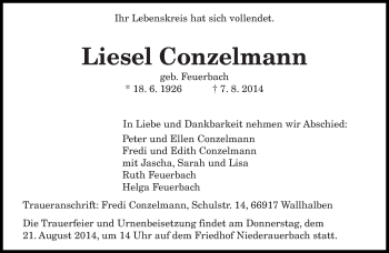 Todesanzeige von Liesel Conzelmann von saarbruecker_zeitung