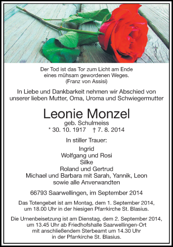 Todesanzeige von Leonie Monzel von saarbruecker_zeitung